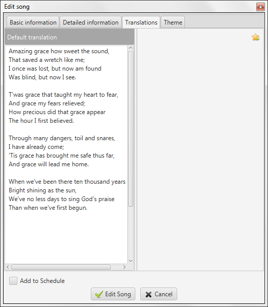 2.4. Översättningar Sen Quelea 2014 Exodus är det möjligt att använda översättningar av sånger. Du kan spara flera översättningar av en sång, men för tillfället bara visa en åt gången. 2.4.1. Lägg till en översättning För att lägga till en översättning måste du redigera en sång (genom att högerklicka på den och välja Redigera sång.