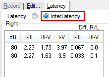 Bruksanvisning till Elipse - SE Sida 37 3.3 Fliken Latens I följande avsnitt beskrivs elementen på fliken Latency (latens). 3.3.1 Latensvärden Välj Latency för att visa latenserna för alla markerade vågformer för vänster och höger öra.