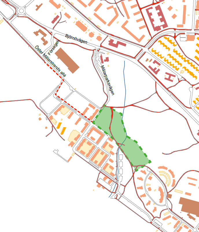 Figur 5. Befintliga och planerade cykelvägar runt Öster Mälarstrand och planområdet.