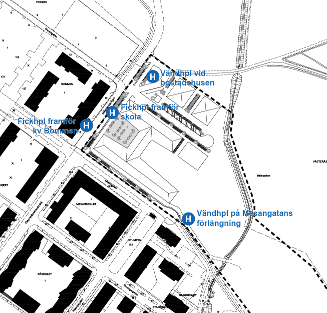 5 Förslag på ändhållplats Inom planområdet diskuteras en ändhållplats där en servicebusslinje ska angöra, antingen genom en vändhållplats eller en genomgående hållplats där bussen kör runt kvarter.