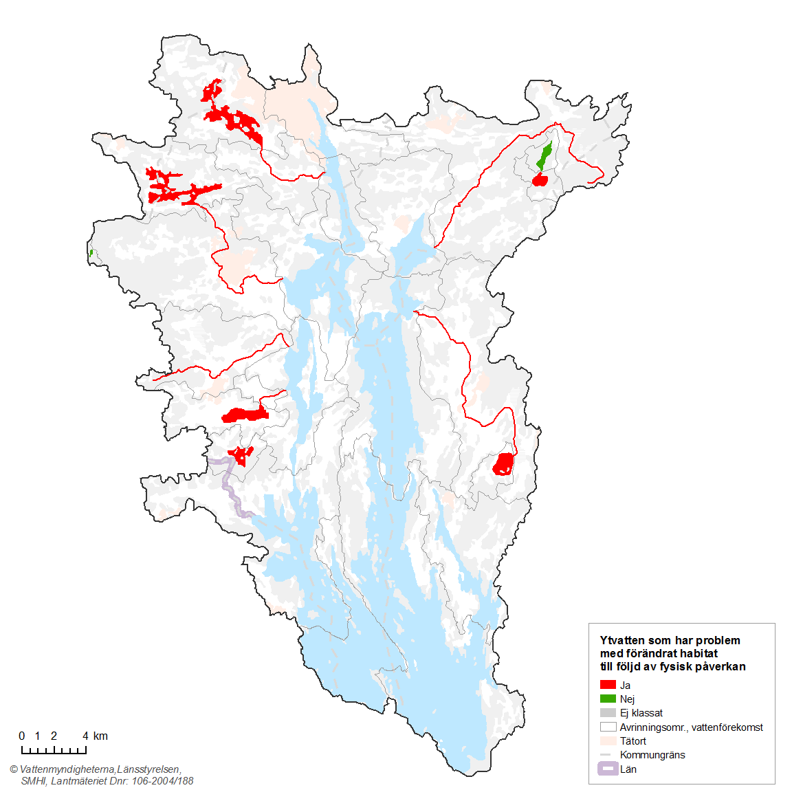 Figur 9. Vattenförekomster där förändrade habitat genom fysisk påverkan angivits som miljöproblem. 2.5.