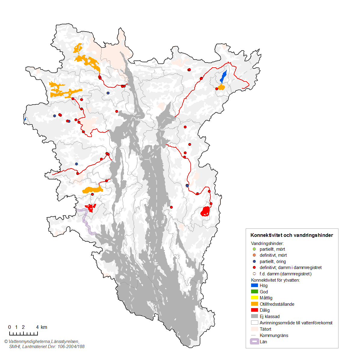 Figur 10. Status avseende konnektivitet i sjöar och vattendrag. Med vandringshinder avses dammar, trummor, fiskgaller och naturliga hinder.