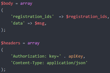 Webbservern behövde även kunna skicka ut notifikationer och detta gör den genom att först hämta tokens för alla enheter som är registrerade i databasen och sedan lägga in dessa i en JSON-array.