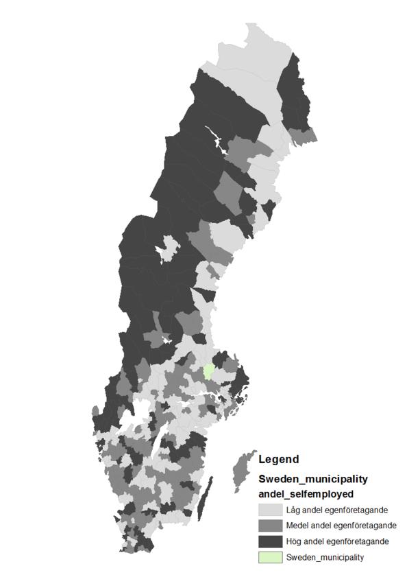 Andel nyföretagande Andel egenföretagande Figur 13 Andel nyföretagande och andel egenföretagande I Sveriges kommuner, 2011 Invandrare kan vara mer benägna att starta företag eller bli egenföretagare