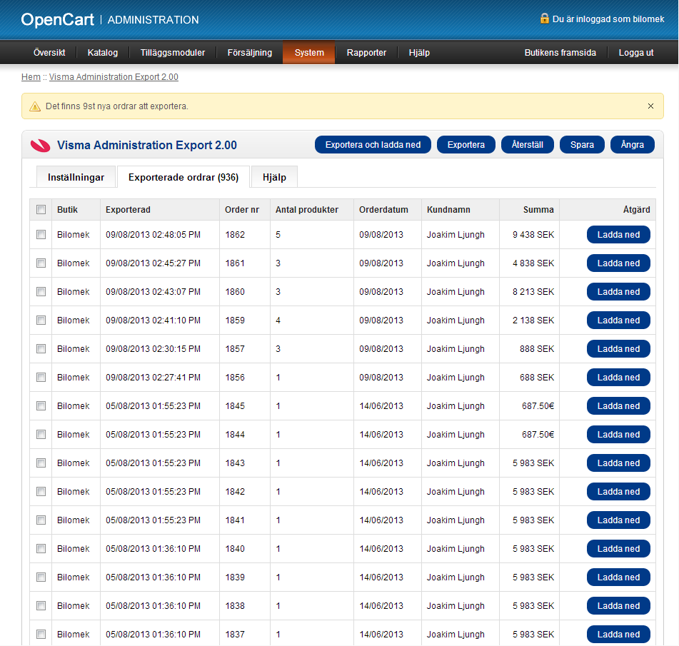 Skärmdump på Visma Administration Export (exporterade ordrar) Här kan man