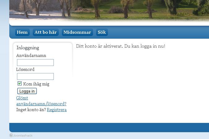 10. Efter att man klickat på länken växlas man över till webbläsaren (eller efter att ha klistrat in den och valt Retur/Enter)och följande sida visas: 11. Klart! Dags att logga in Att logga in 1.