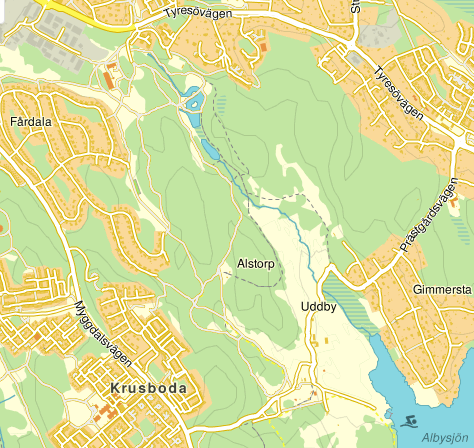 Elljusspår 4 km Alby friluftsgård Sekundära entréer Huvudentré / spårcentral, Alby friluftsgård Typ av spår: Elljusspår (röd linje).