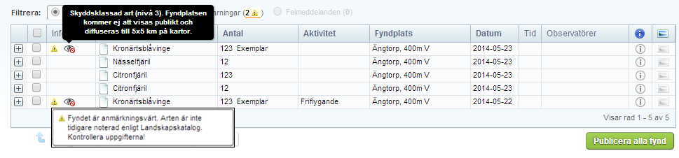 artportalen.se April 05. Klicka på knappen Exportera fel för att skapa en excelfil som endast innehåller fynden med fel.