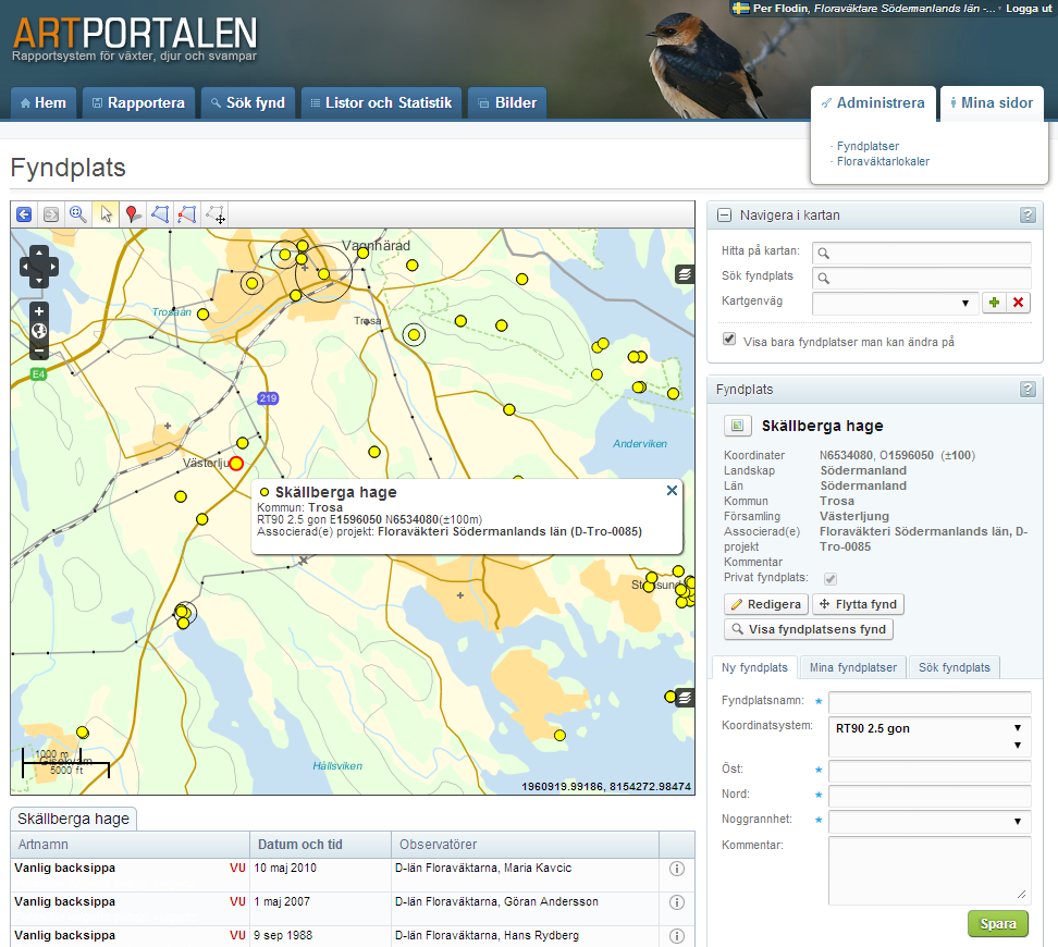 artportalen.se April 05 FLORAVÄKTERI För rapportörer som är med i Floraväkteriet och därmed har en sådan roll i systemet finns några funktioner som är specialanpassade för rapportering och sökning.