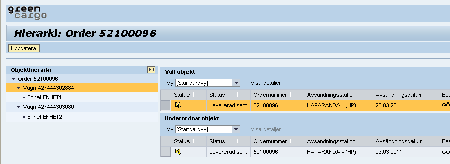 Hierarki Fraktsedel skapad När fraktsedel är skapad knyts objekten till varandra Valt objekt är det objekt du