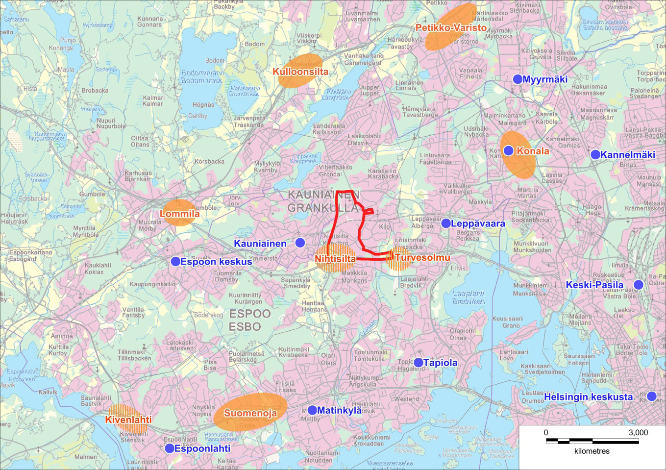 Planområdet och de största kommersiella centrumen i trakten (Keran osayleiskaava, kaupallinen selvitys 2015).