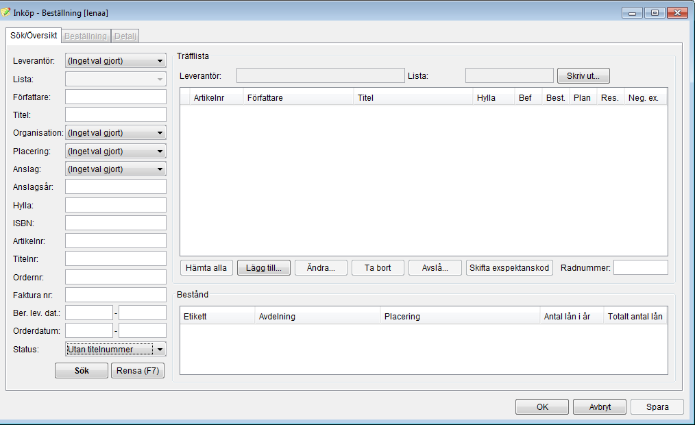 Utan titelnummer För att biblioteket ska få exspektans på de inköpta titlarna som saknar titelnummer får man koppla ihop den importerade, eller katalogiserade, katalogposten med orderbekräftelsen
