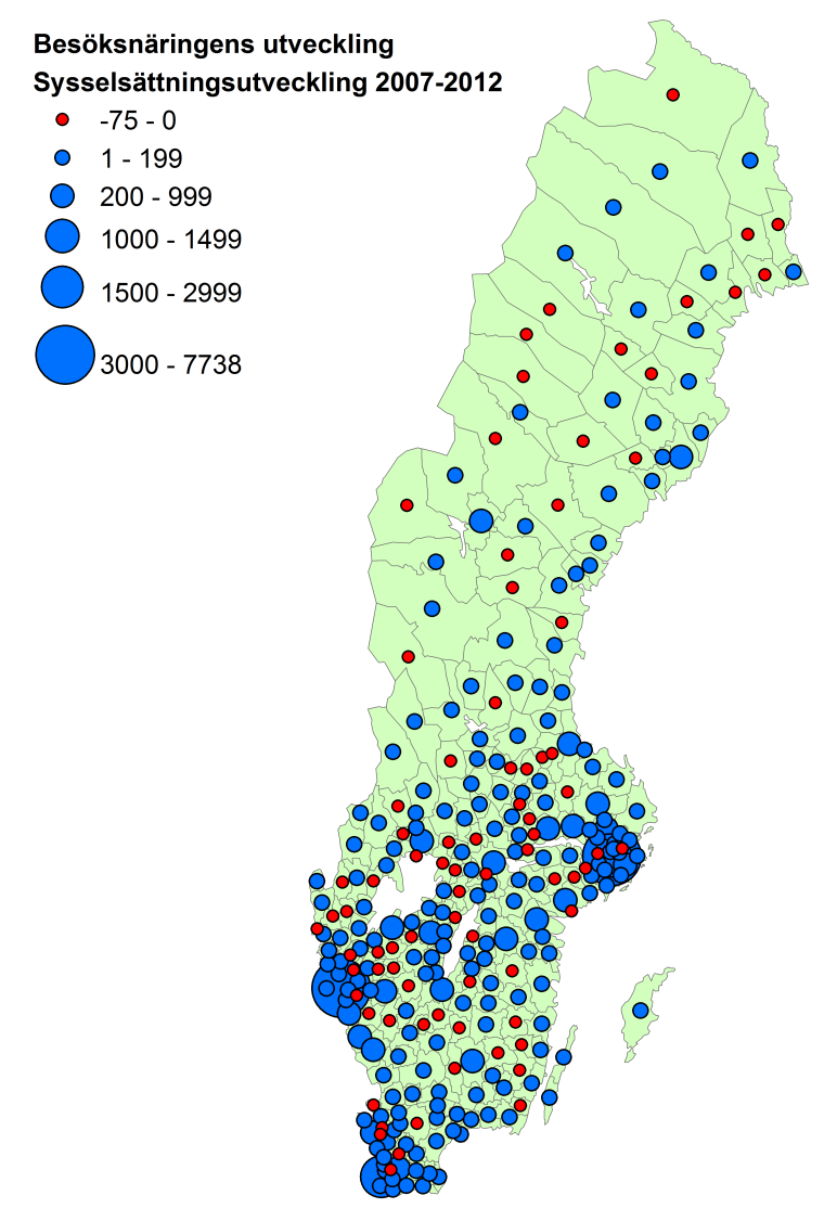 7 Kartan med röda cirklar visar besöksnäringens betydelse för sysselsättningen, mätt som besöksnäringens andel av totalsysselsättningen, i Sveriges alla kommuner.