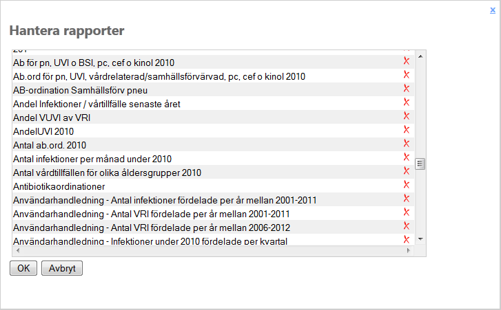 5.1.5 Hantera rapporter Om du vill ta bort eller ändra namn på en rapport som du har sparat klickar du på knappen Hantera rapporter, vilken är markerad i figur 10. Figur 10. Hantera rapporter. Figur 11 visar den ruta som kommer upp när du klickat på Hantera rapporter.