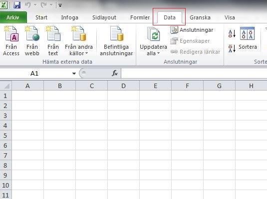 3. Gå till fliken data Vy 72 Microsoft Excel