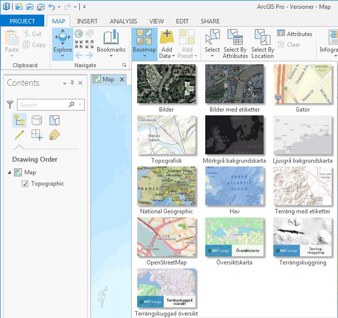 Använda som baskarta i ArcGIS Pro För att använda baskartorna i ArcGIS Pro, var vänlig följ stegen för att lägga till baskartorna i ArcGIS Online. 1.