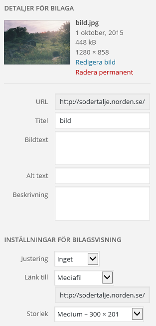 3. I höger kant fyller du i information om bilden. Bilden måste ha ett namn och det är det namn som dyker upp när man håller muspekaren över bilden. Alternerad text hjälper tex.