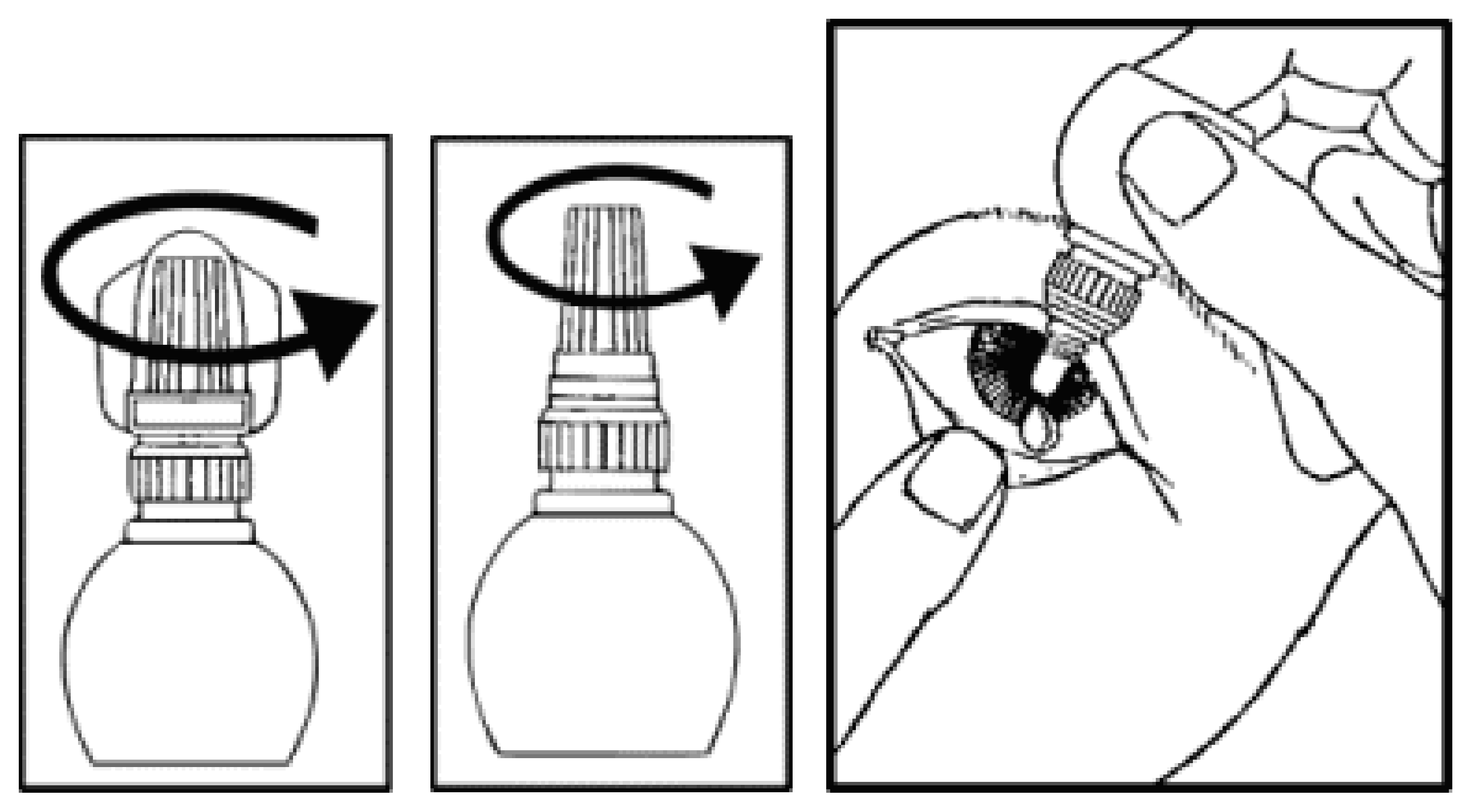 Bruksanvisning 1. Tvätta händerna och sitt eller stå bekvämt. 2. Vrid av skyddskapsylen med vingar. 3. Skruva av kapsylen. 4. Dra med ett finger ned det undre ögonlocket på det öga som ska behandlas.