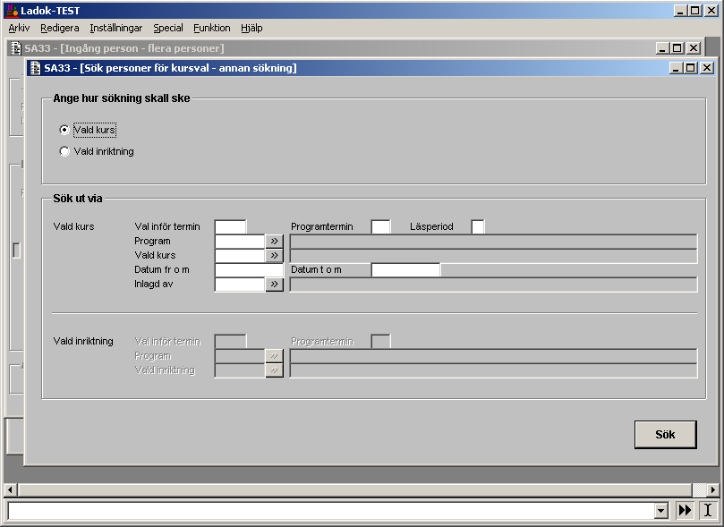 Margareta Poovi 2016-02-03 SA33 9 (15) Formulär SA33A02G Annan sökning I denna bild kan du söka ut personer som har valt viss kurs eller viss inriktning.