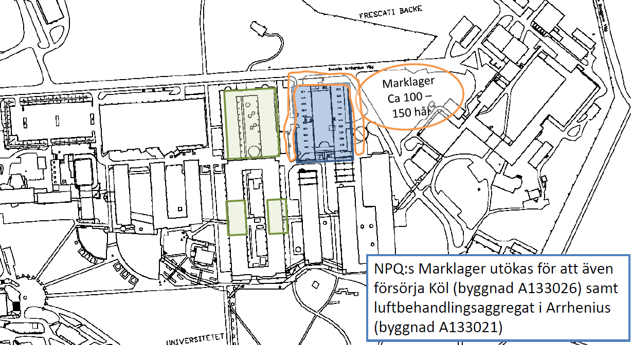 Energilösning Arrheniuslaboratoriet, Frescati Under 2014-17 genomförs en samlad energilösning för norra delen på Stockholms Universitet baserad på ett marklager med värmepumpar