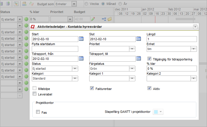 9. Tidplan I projektets tidplan visas när aktiviteter och milstolpar ska genomföras respektive vara avklarade.