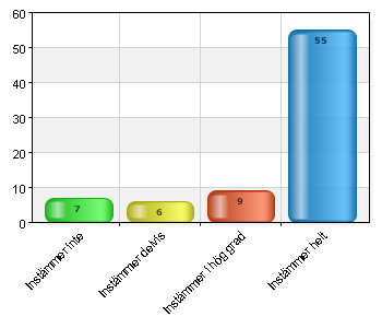 Instämmer delvis 5 6,5 Instämmer helt 52 67,5 Både min handledare samt övrig personal har varit ett stort stöd. Jag bara frågade om det var någonting jag funderade över.