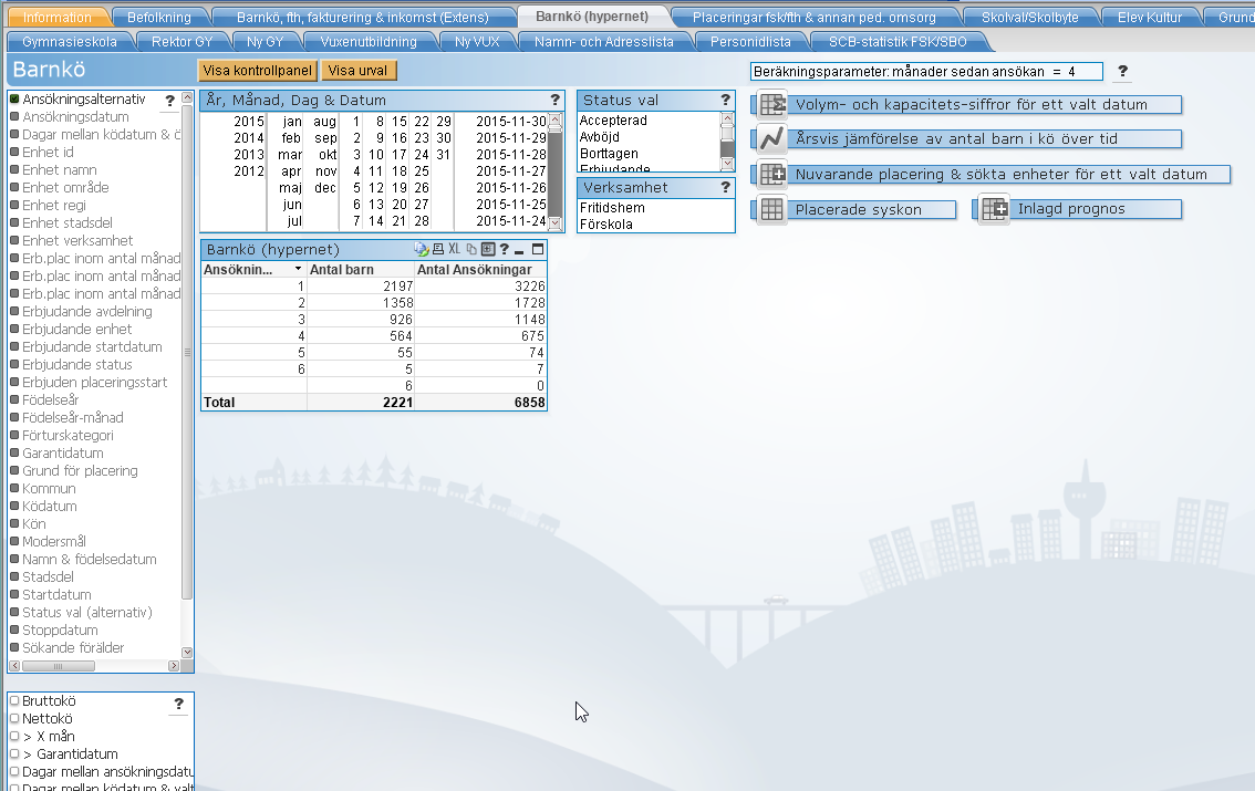 18 Barnkö (hypernet för förskola) 14. Barnkö Om ni har hypernet för fsk är det en flik med dynamisk tabell som erbjuds. Här ser man både aktuella siffror samt hur det såg ut historiskt.