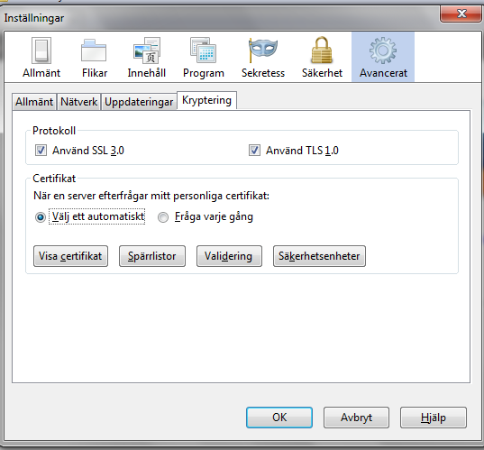 Firefox Välj Verktyg Inställningar fliken kryptering Certifikat. Markera Välj ett automatiskt under rubriken När en server efterfrågar mitt personliga certifikat.