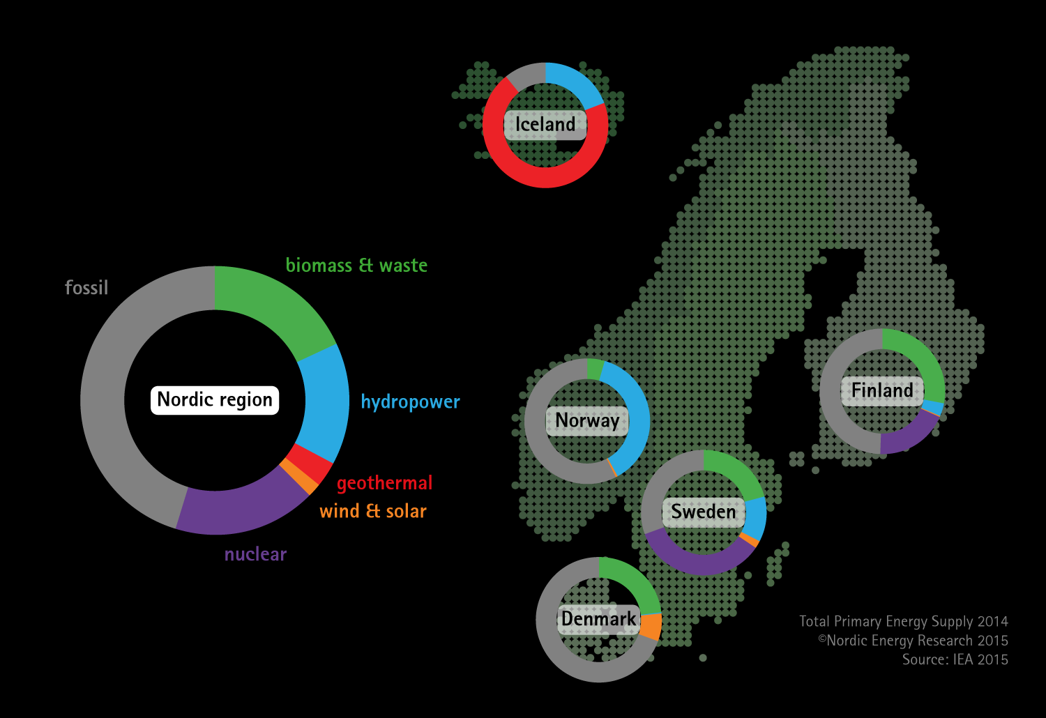 Nordiska energisystemet idag 38% av primärenergitillförseln är förnyelsebar Biomassa och vattenkraft de viktigaste förnyelsebara källorna Geotermiskt är viktigt på Island Island Norden Norge Sverige