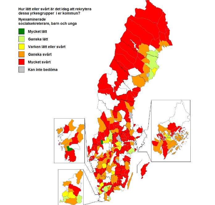 När man jämför hur svårt det är att rekrytera idag mellan olika kommungrupper är det tydligt att alla kommungrupper har svårt att rekrytera erfarna socialsekreterare.