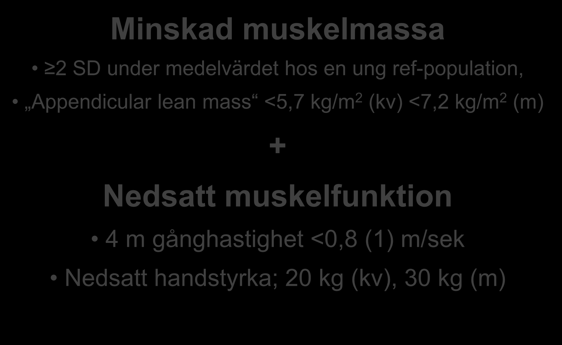 Diagnoskriterier för sarkopeni antagna av ESPEN/EUGMS/IAGG/IANA Minskad muskelmassa 2 SD under medelvärdet hos en ung ref-population, Appendicular lean mass <5,7 kg/m