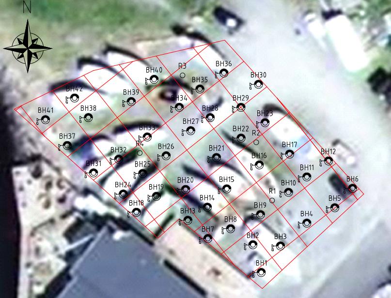 Miljöteknisk markundersökning Figur 3. Rad7-mätning 2015-03-31 Figur 4. BH1-BH42 är provgropar för jordprovtagning, R1-R4 är markradonmätningspunkter, se även bilaga 1. 4 Riktvärden 4.