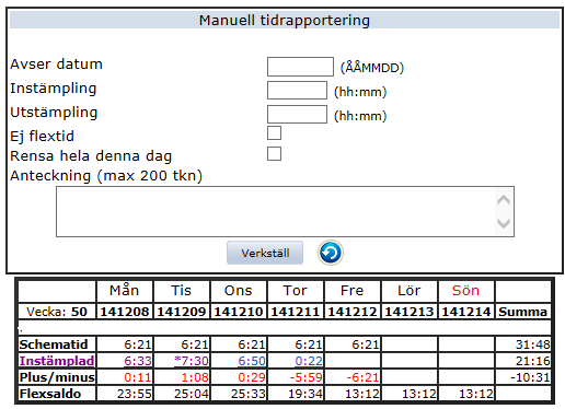 Närvarotid(Flex) Längst upp till vänster när du loggar in på Självservice ser du dessa tre knappar. Det är här du stämplar in och ut. Du kan ange manuell tid via knappen Manuell tid.