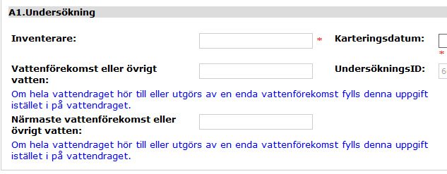 Om det vattendrag du skapar protokoll för tillhör flera vattenförekomster angavs inte vattenförekomstens EU_CD när vattendraget skapades och det måste istället fyllas i protokollet, se Figur 10.