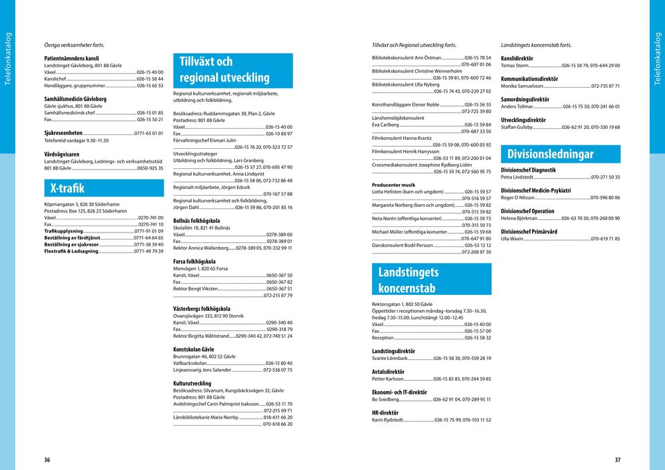 30 Vårdvägvisaren Landstinget Gävleborg, Lednings- och verksamhetsstöd 801 88 Gävle...0650-925 35 X-trafik Köpmangatan 3, 826 30 Söderhamn Postadress: Box 125, 826 23 Söderhamn Växel...0270-741 00 Fax.