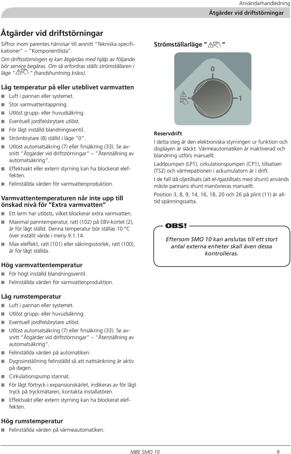 Låg temperatur på eller uteblivet varmvatten Luft i pannan eller systemet. Stor varmvattentappning. Utlöst grupp- eller huvudsäkring. Eventuell jordfelsbrytare utlöst.