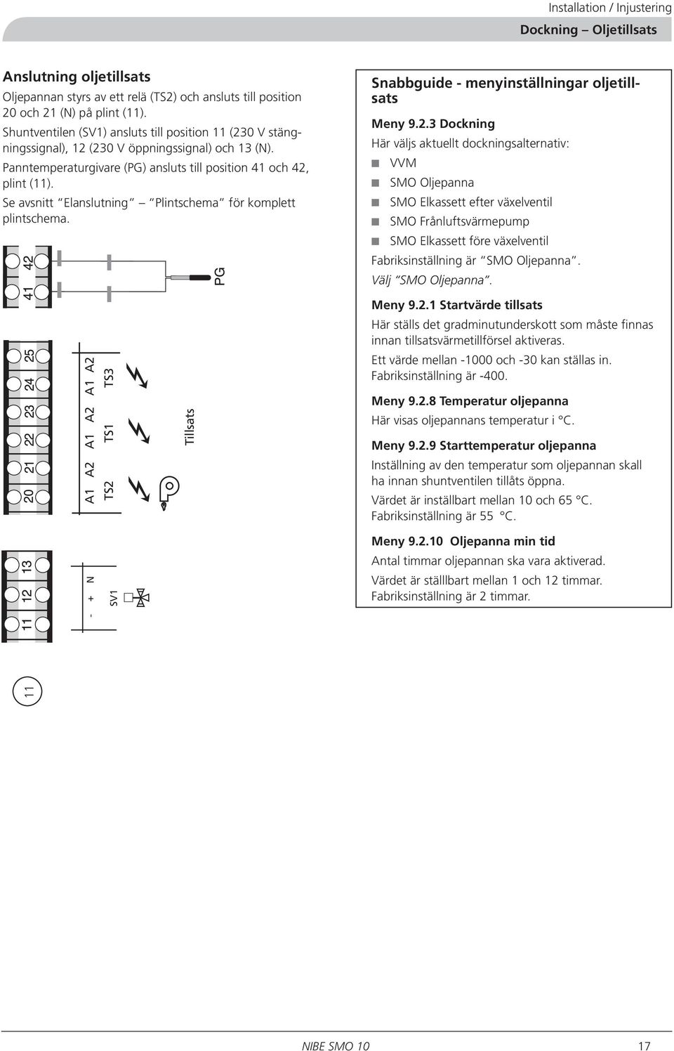 Se avsnitt Elanslutning Plintschema för komplett plintschema. Snabbguide - menyinställningar oljetillsats Meny 9.2.