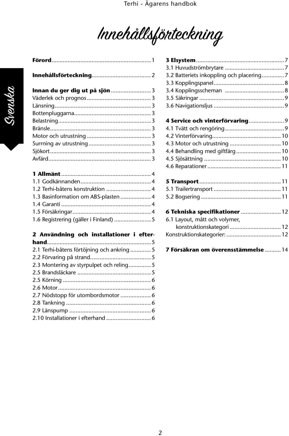 .. 4 1.5 Försäkringar... 4 1.6 Registrering (gäller i Finland)... 5 2 Användning och installationer i efterhand... 5 2.1 Terhi-båtens förtöjning och ankring... 5 2.2 Förvaring på strand... 5 2.3 Montering av styrpulpet och reling.