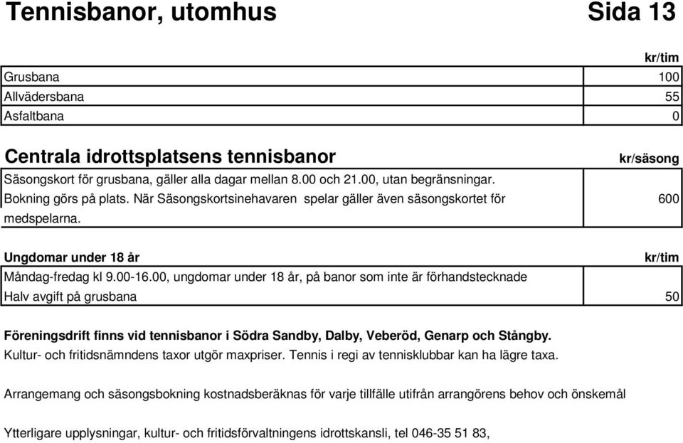 00, ungdomar under 18 år, på banor som inte är förhandstecknade Halv avgift på grusbana 50 Föreningsdrift finns vid tennisbanor i Södra Sandby, Dalby, Veberöd, Genarp och Stångby.