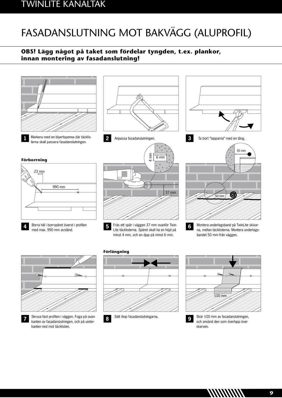 50 mm Förborrning 4 mm 6 mm 23 mm 990 mm 37 mm 50 mm Borra hål i borrspåret överst i profilen med max. 990 mm avstånd. Fräs ett spår i väggen 37 mm ovanför Twin- Lite täcklisterna.