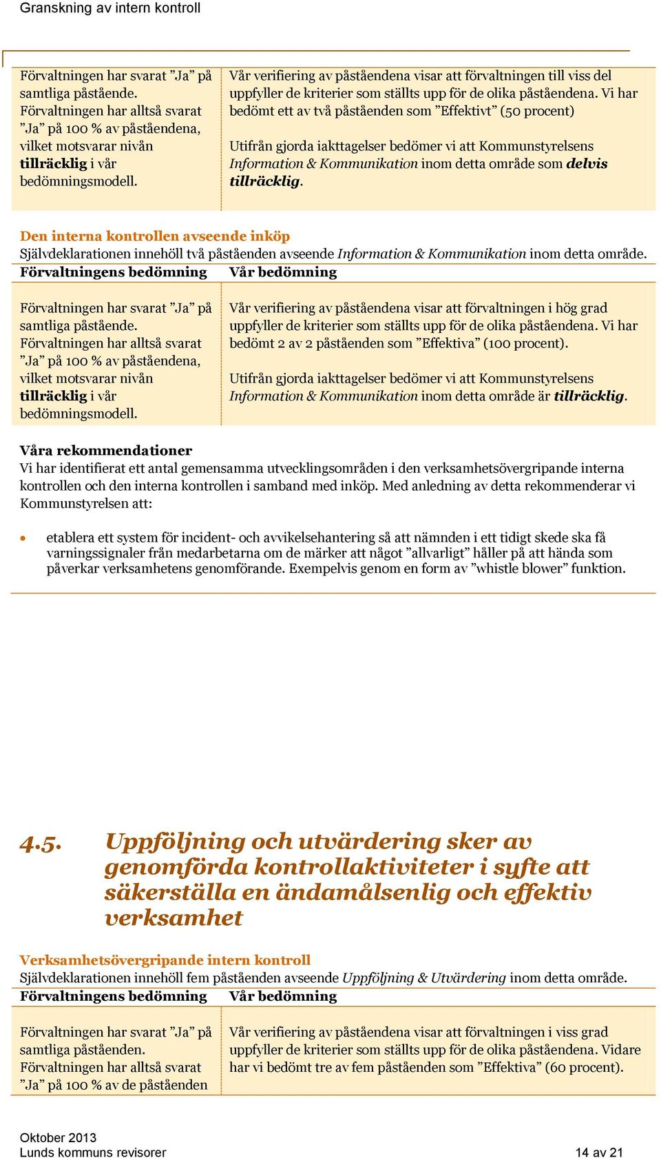 Vi har bedömt ett av två påståenden som Effektivt (50 procent) Utifrån gjorda iakttagelser bedömer vi att Kommunstyrelsens Information & Kommunikation inom detta område som delvis tillräcklig.