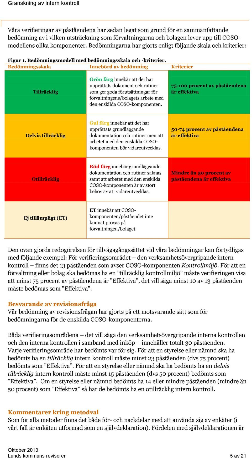 Bedömningsskala Innebörd av bedömning Kriterier Tillräcklig Grön färg innebär att det har upprättats dokument och rutiner som ger goda förutsättningar för förvaltningens/bolagets arbete med den