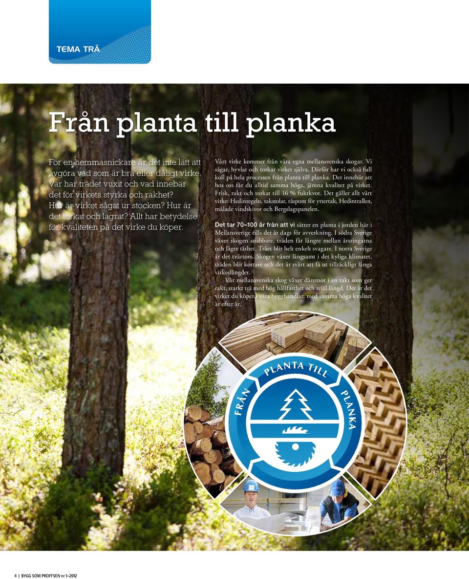 4 BYGG SOM PROFFSEN nr 1 2012 Vårt virke kommer från våra egna mellansvenska skogar. Vi sågar, hyvlar och torkar virket själva. Därför har vi också full koll på hela processen från planta till planka.