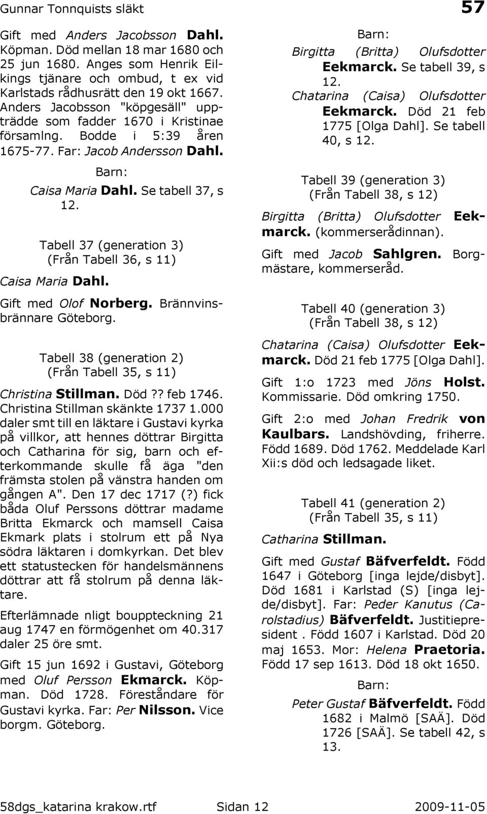 Tabell 37 (generation 3) (Från Tabell 36, s 11) Caisa Maria Dahl. Gift med Olof Norberg. Brännvinsbrännare Göteborg. Tabell 38 (generation 2) (Från Tabell 35, s 11) Christina Stillman. Död?? feb 1746.