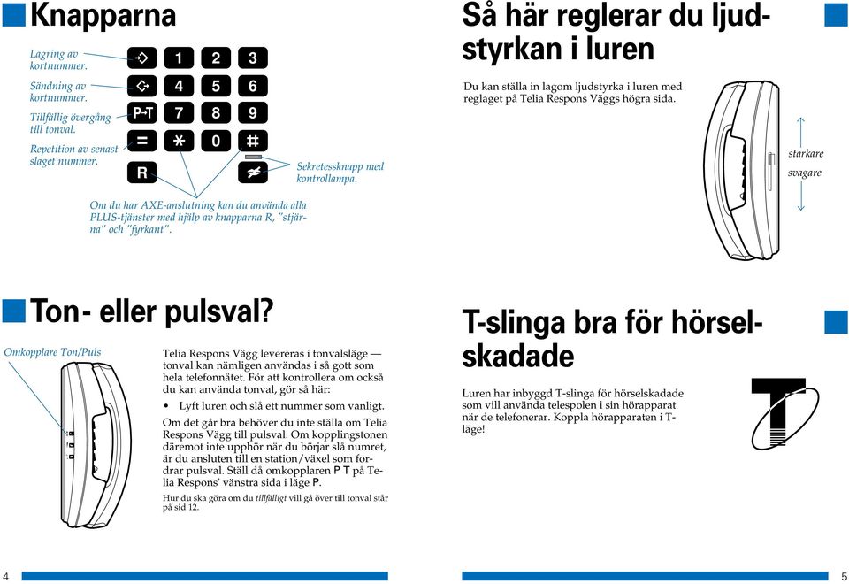 starkare svagare Om du har AXE-anslutning kan du använda alla PLUS-tjänster med hjälp av knapparna R, stjärna och fyrkant. Ton- eller pulsval?