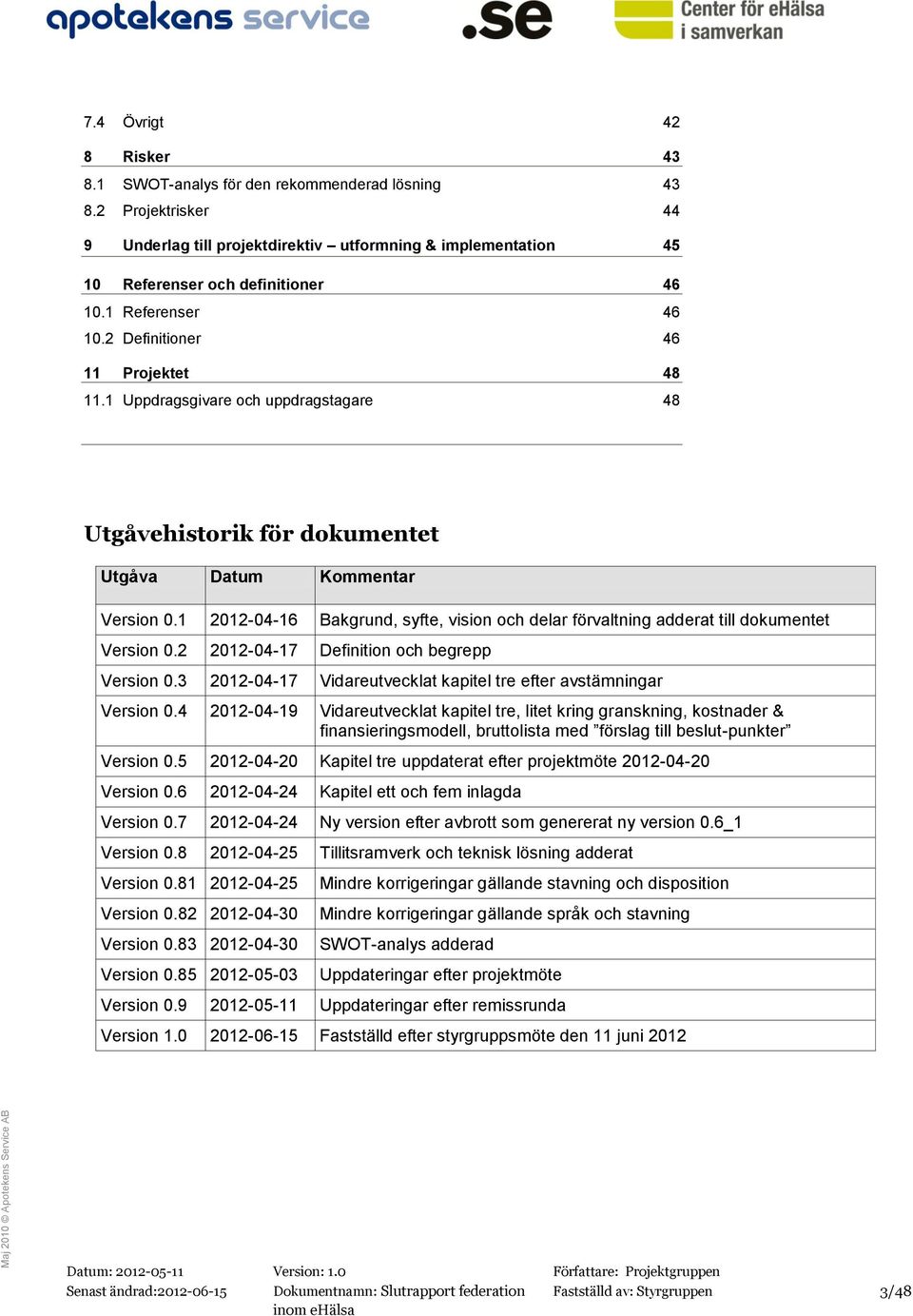 1 2012-04-16 Bakgrund, syfte, vision och delar förvaltning adderat till dokumentet Version 0.2 2012-04-17 Definition och begrepp Version 0.