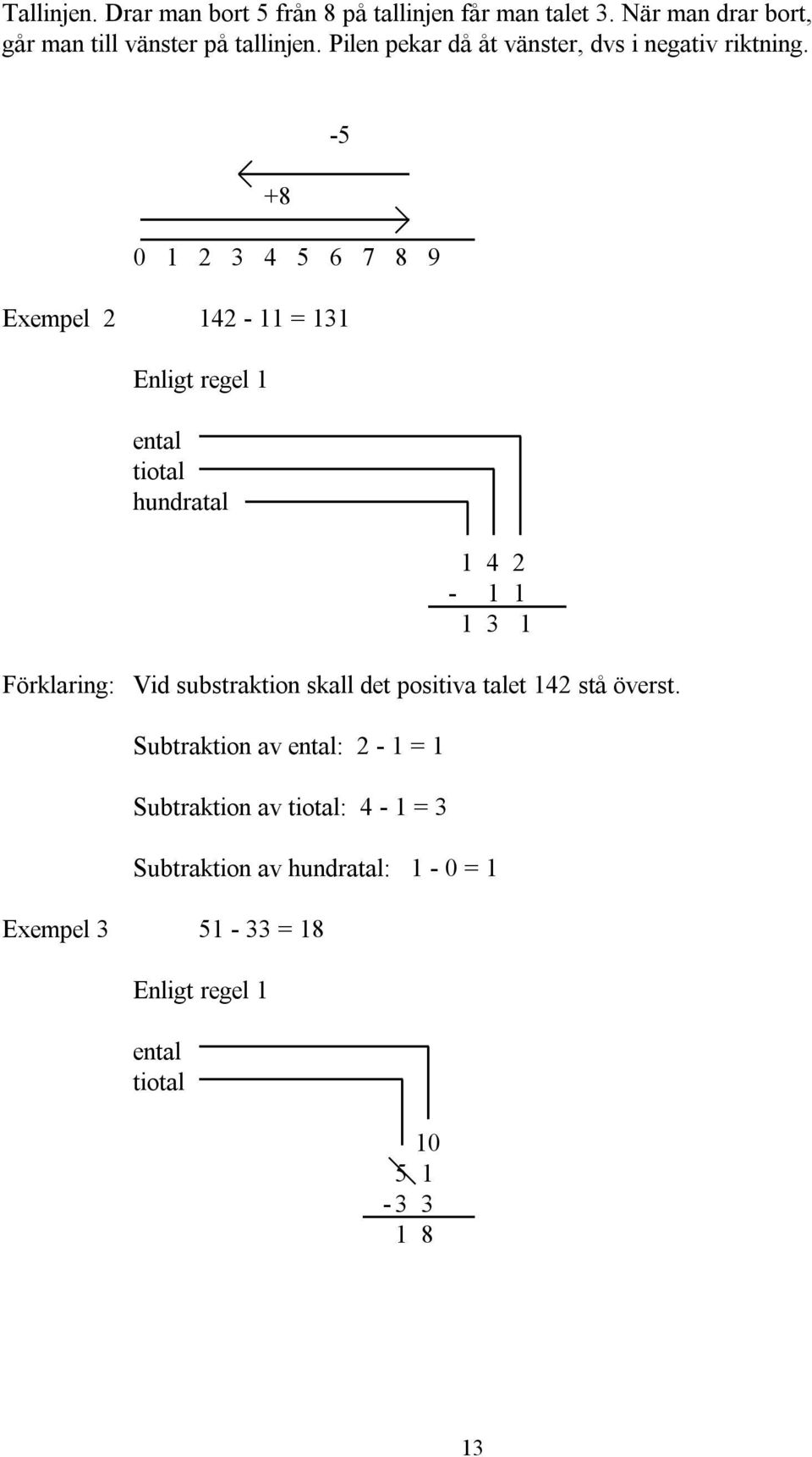 +8-5 0 1 2 3 4 5 6 7 8 9 Exempel 2 142-11 = 131 Enligt regel 1 ental tiotal hundratal 1 4 2-1 1 1 3 1 Förklaring: Vid