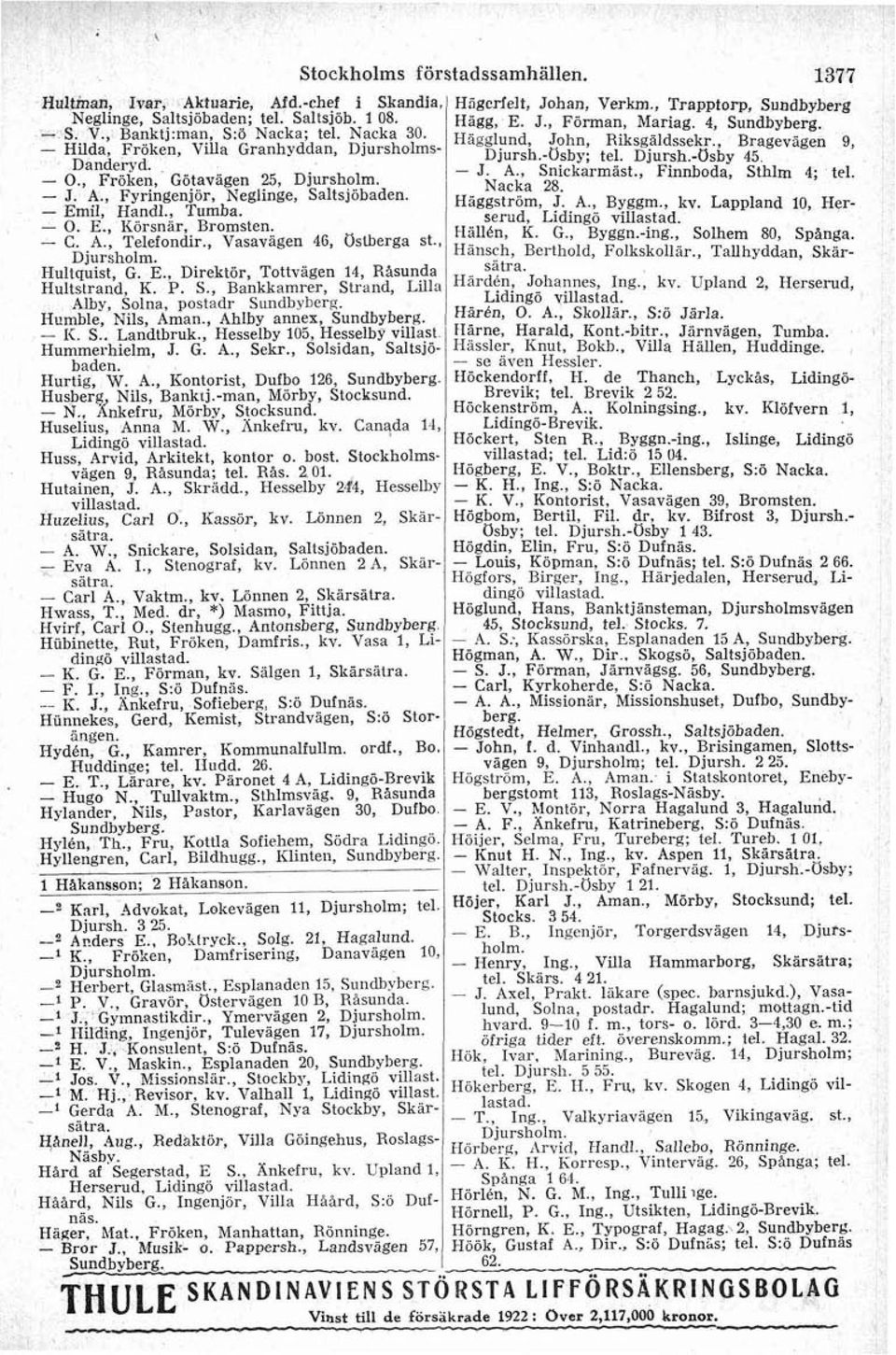 -~s6~ 45 O., Froken, Götavägen 25, - J. Nacka A., Snickarmäst., 28. Finnboda, Sthlm 4; tel. - J. A., Fyringenjor, Neglinge, Salts~öbaden. Emil, Handl., Tumba. O. E., Korsnär, Bromsten. - C. A., Telefondir.