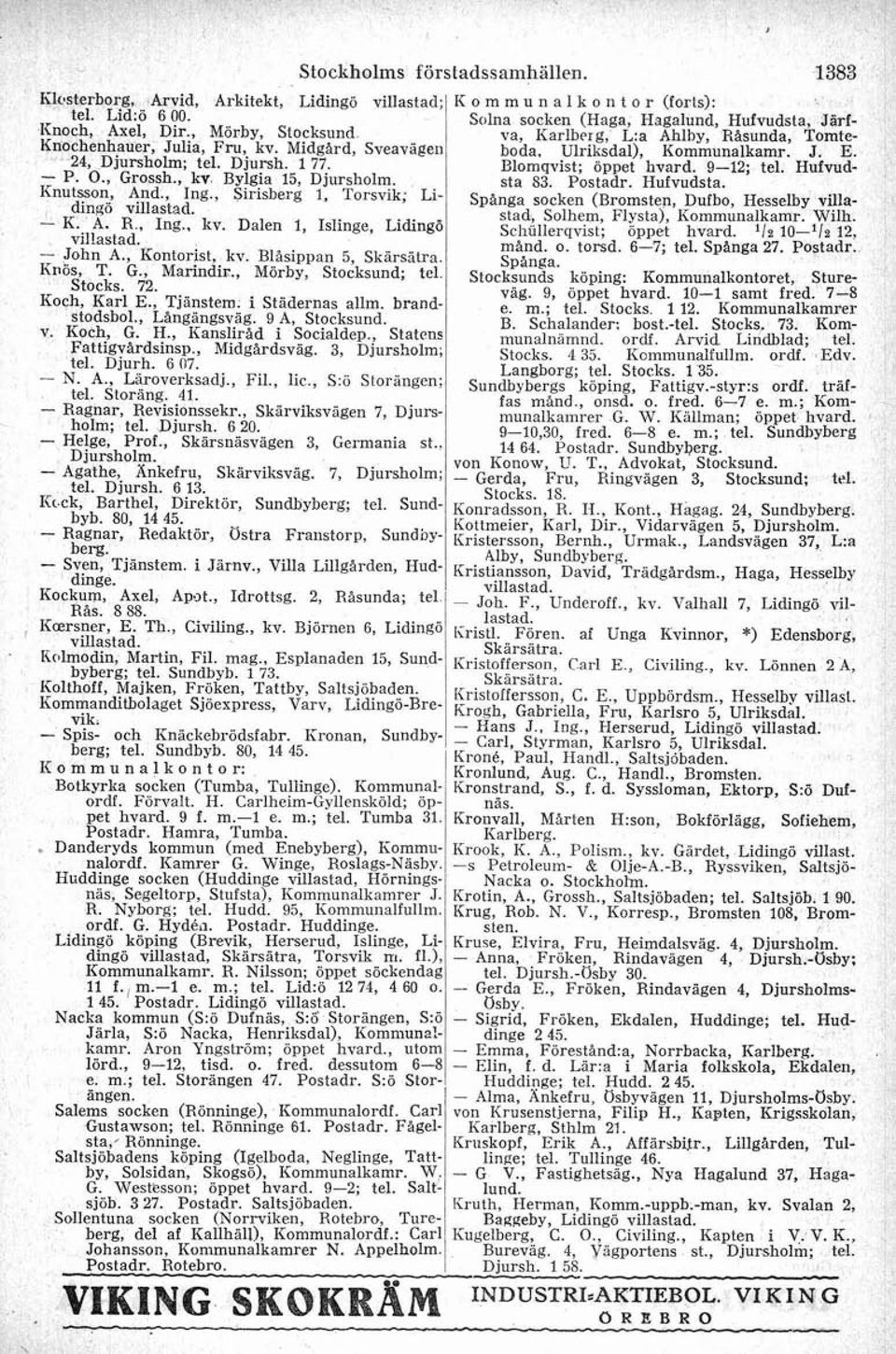 , Mörby, Stocksund; te1 Stocks. 72. Koch, Karl E., Tjänstem. i Städernas allm. brandstodsbol., Långängsväg. 9 A, Stocksund. v. Koch, G. H., Kanslirid i Socialdep., Statens Fattigvårdsinsp.