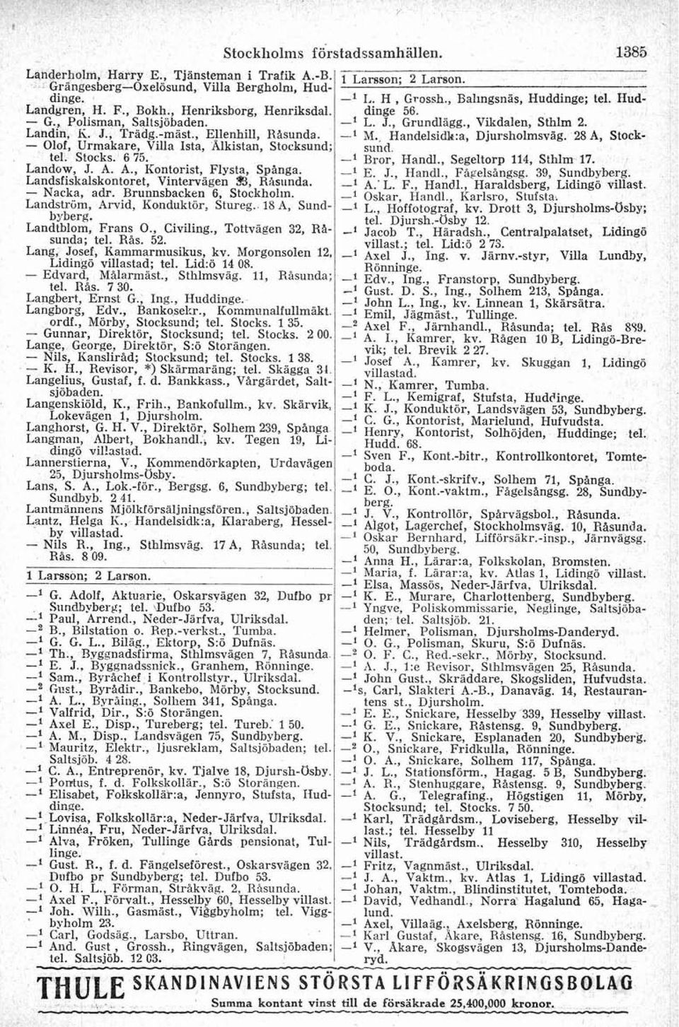 - Nacka, adr. Brumshacken 6, Stockholm, Landstrbm, Arvid, Konduktor, Stureg. 18 A, Sundbyberg. Landthlom, Frans O., Civiling., Tottvagen 32, RAsunda; tel. Rås. 52. Lang, Josef, Kammarmusikus, kv.